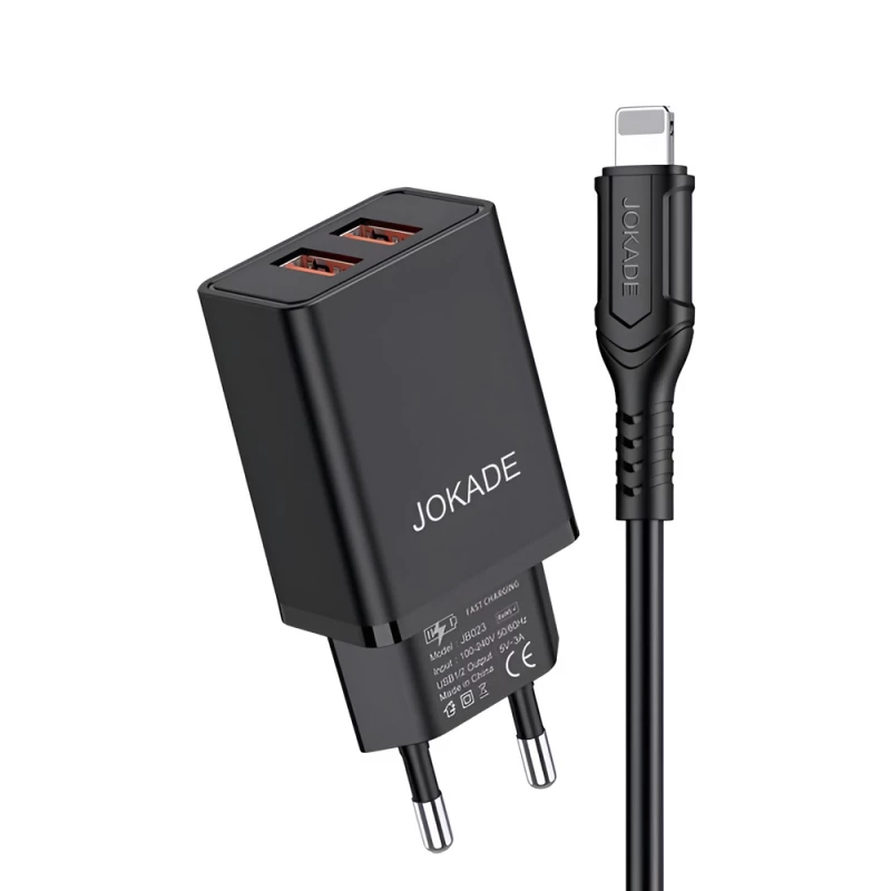 Incarcator Jokade Jokade Wall Charger with Cable USB-A to Lightning Dual Port JB024 3A, Black