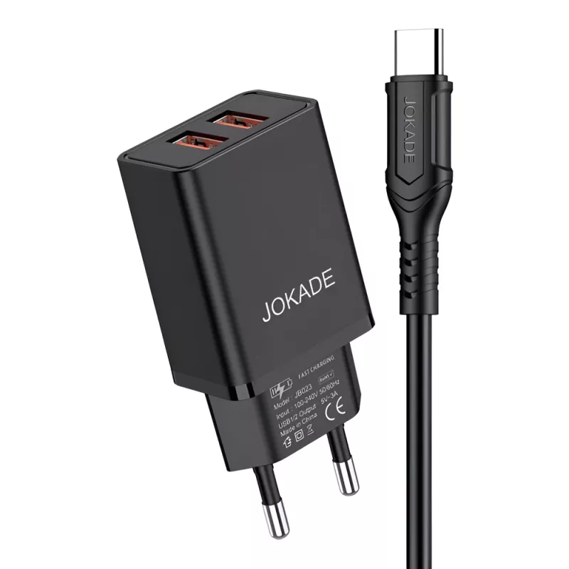 Incarcator Jokade Jokade Wall Charger with Cable USB-A to Type-C Dual Port JB024 3A, Black