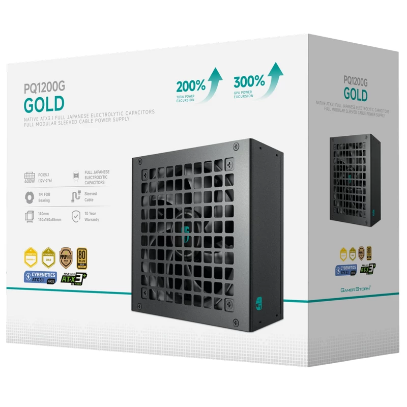 Блок питания ПК ASUS Power Supply ATX 1200W Deepcool GamerStorm PQ1200G, 80+ Gold, 120mm, Active PFC, LLC Half Bridge + DC/DC, ATX 3.1, Full Modular, Gen5 PCIe, Black