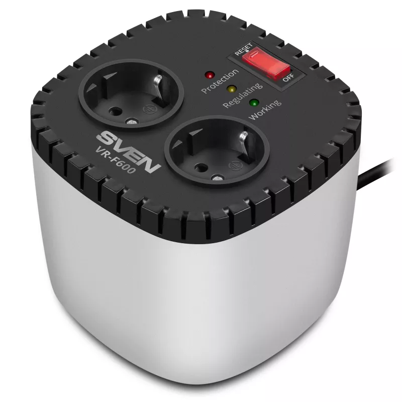 Стабилизатор SVEN SVEN VR-F600, 200W, Automatic Voltage Regulator, 2x Schuko outlets, Input voltage: 170-285V, Output voltage: 230V ± 10%, diod indicators on the front panel, plastic body, Silver and Black