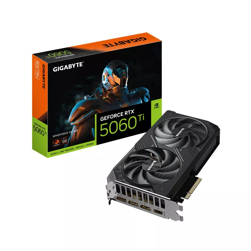 Placa video GIGABYTE GIGABYTE GeForce RTX™ 5060 Ti WINDFORCE OC 8G / 8GB GDDR7 128bit, 2587/28000MHz, CUDA 4608, Dual Fan, PCIeX16 5.0, 1xHDMI, 3xDP, WindForce Cooling System: Hawk Fans Alternate Spinning, Server-grade Thermal conductive gel, Copper Plate, 3D Active fans