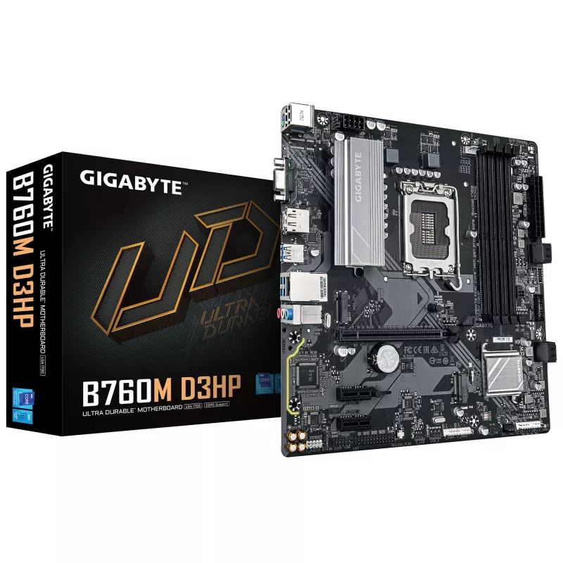 Материнская плата GIGABYTE GIGABYTE B760M D3HP, Socket 1700, Intel® B760 (14/13/12th Gen CPU), 9Phases, CPU iGPU, Dual 4xDDR5-5600, VGA, HDMI, 1xDP, 1xPCIe X16, 4xSATA3, RAID, 2xM.2 4.0, 2xPCIe X1, ALC897 HDA 7.1, 1xGbE LAN, 5xUSB 3.2, RGB Fusion, mATX