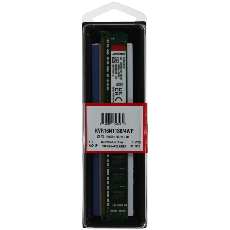 RAM KINGSTON .4GB DDR3- 1600MHz   Kingston ValueRAM  (KVR16N11S8/4WP), CL11, 1Rx8, 1.5V