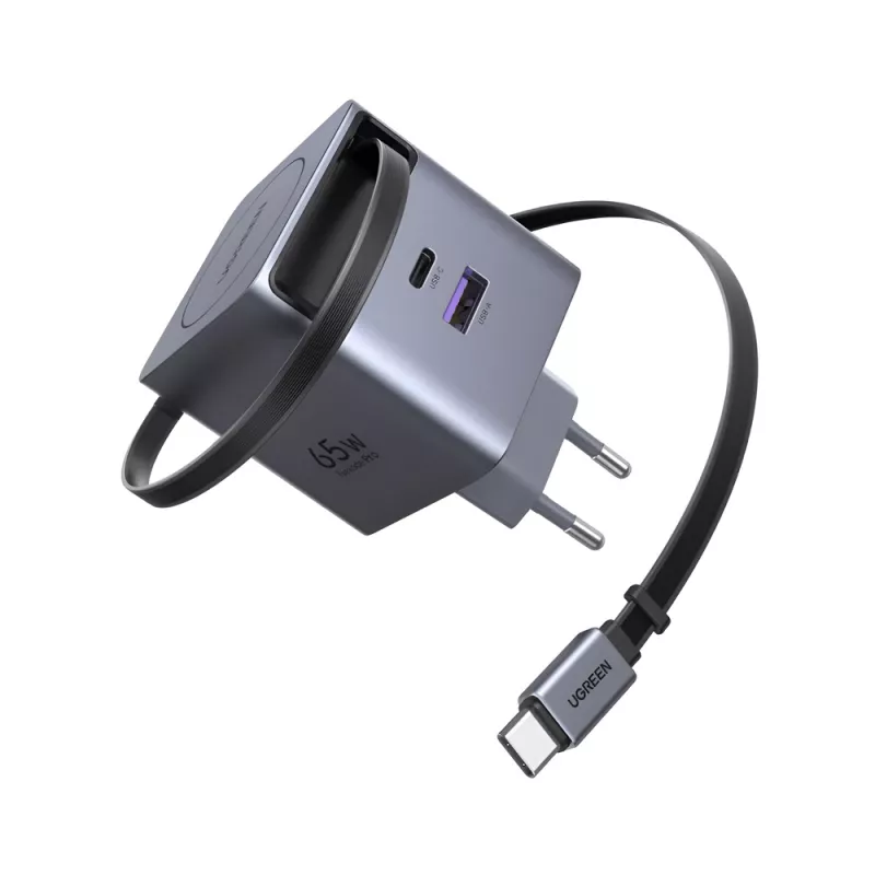 Зарядное устройство UGREEN UGREEN GaN Quick Charger 1*Type-C + 1*USB-A with Cable Type-C Retractable, 65W, Black | X615