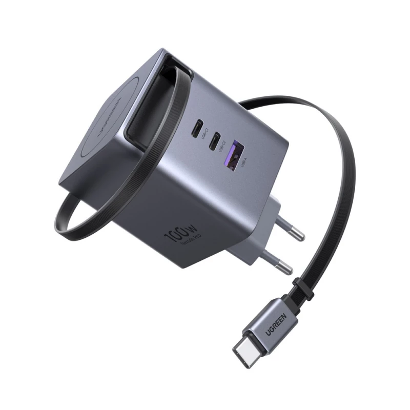 Зарядное устройство UGREEN UGREEN GaN Quick Charger 2*Type-C + 1*USB-A with Cable Type-C Retractable, 100W, Black | X616