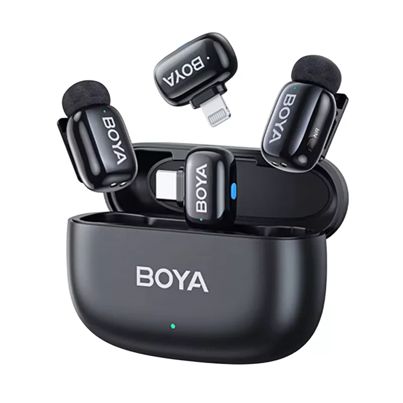 Microfon Wireless Boya Microphone Wireless Boya Mini 2-01 Ultracompact (2 TX+ 2RX USB-C plug+ Lightning Plug + Charging case), Black