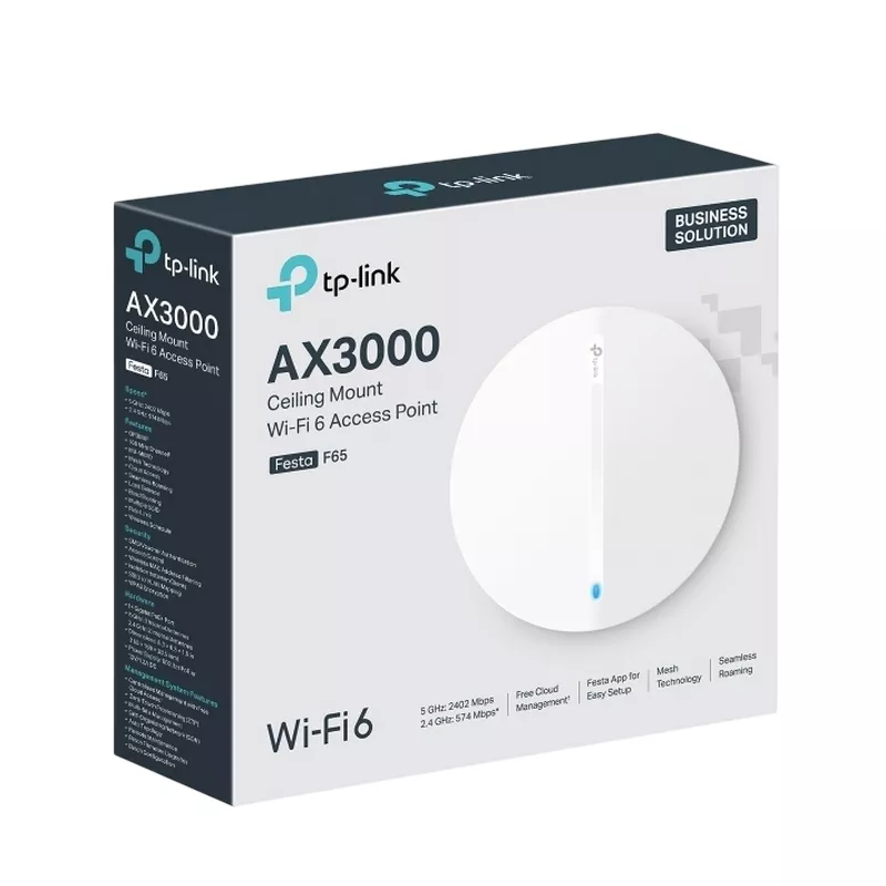 Точка доступа TP-LINK Wi-Fi 6 Dual Band Access Point TP-LINK "Festa F65", AX3000, MU-MIMO, Self-Organizing Networking and Zero-Touch Provisioning, Mesh, PoE+