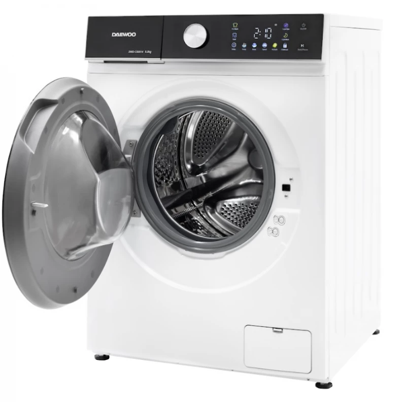 Стиральная машина DAEWOO Masina de spalat rufe Daewoo DWD-CS8014,  8 kg / 1400rpm, 48cm, clasa A, motor inverter, Display, Panou negru + usa dubla neagra, 16 program, Alb