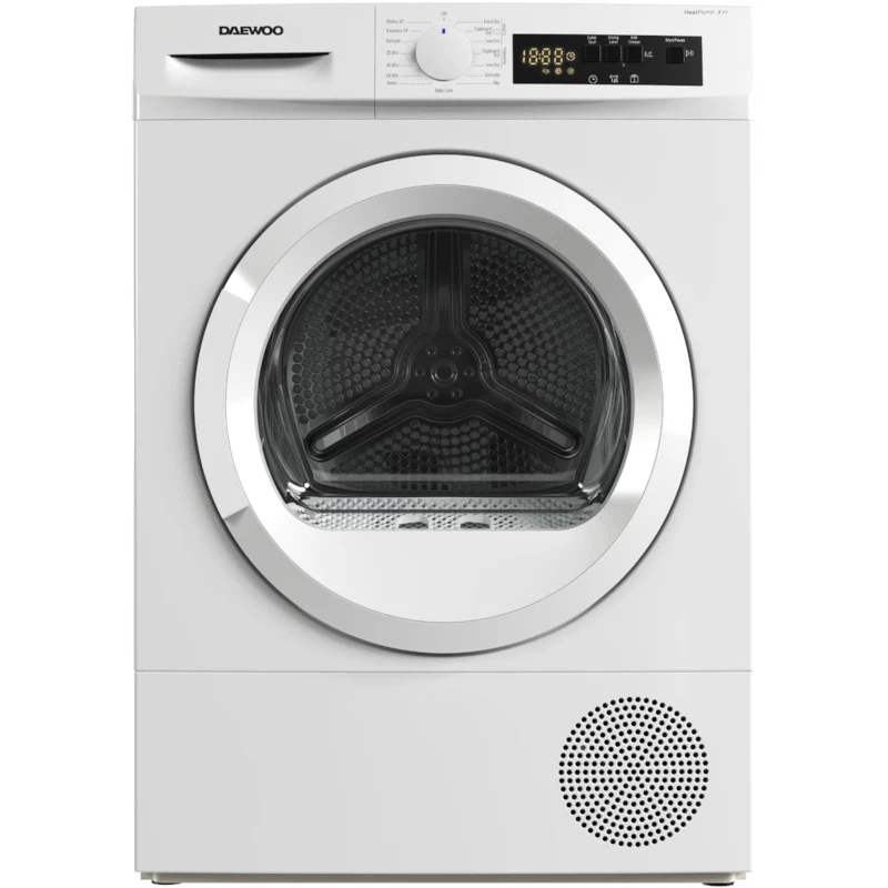 Masina de spalat rufe DAEWOO Uscator de rufe Daewoo DDR-VH8A/E,  8 kg,  Clasa E, Control electronic, Pompa de caldura, Sistem de uscare cu senzor, Afisaj LED, ChildLock, 15 programe, Alb