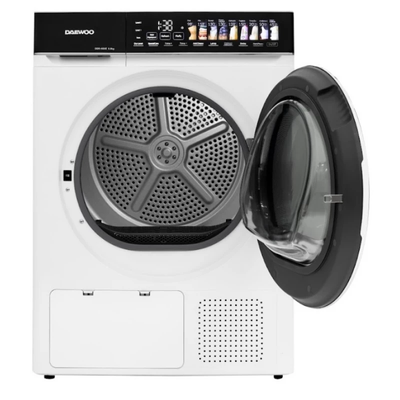 Стиральная машина DAEWOO Uscator de rufe Daewoo DDR-HS9E-1,  9 kg,  Clasa E, Control electronic, Pompa de caldura, butoane touch, panou de control negru cu pictograme mari colorate, usa dubla neagra cu inel cromat, culoare Alb