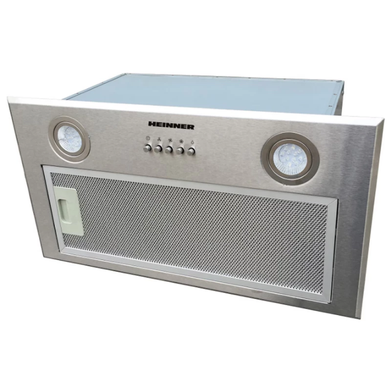 Hota Heinner Вытяжка встраиваемая (60см) Heinner HBIH-MD600IX 60 см  | 610 м³/ч | 3 скорости, | мотор 215 Вт | светодиодная подсветка: 2 x 1.5 Вт | 1 алюминиевый фильтр. нерж.