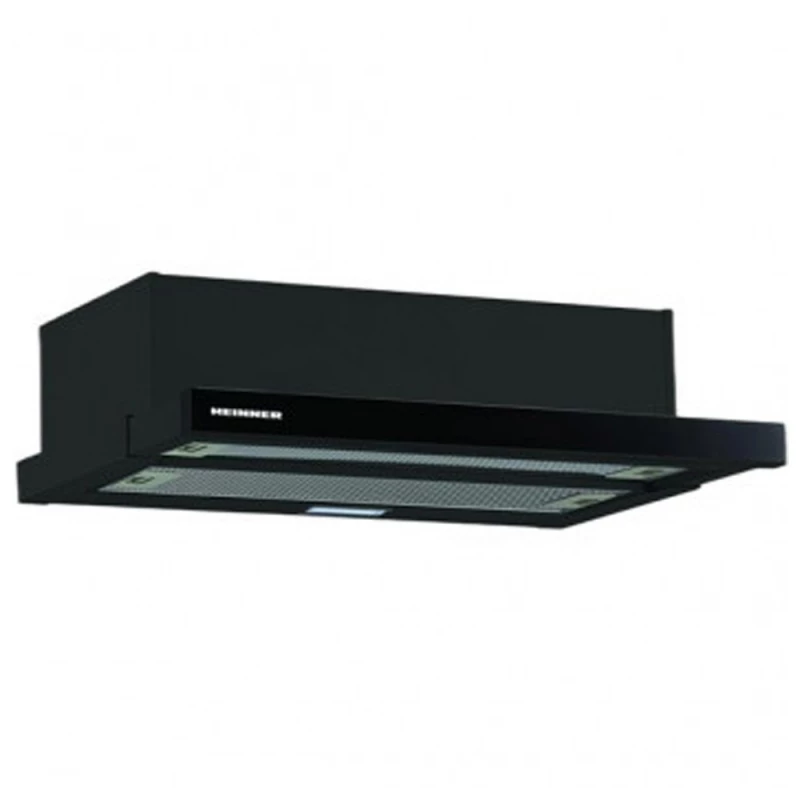 Hota Heinner Встроенная вытяжка (Телескопическая) Heinner HTCH-490GBK 60 см | до 413.5 м3/ч | 2 режима скорости | Светодиодная подсветка: 1 x 2 Вт | 2 алюминиевых фильтра черн. стекло