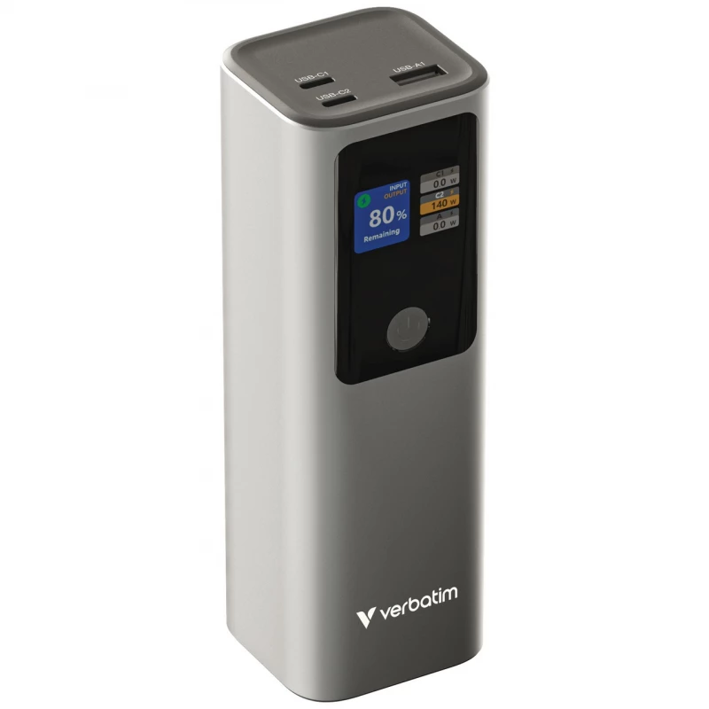 Power Bank VERBATIM 27000mAh Power bank - Verbatim Charge'n'Go Power Bank for laptops, tablets and smartphones, Li-ion Battery Capacity: 27,000mAh / 99.9Wh, 3.7V, Total Output: 183W max., Smart digital TFT display, dual USB-C supporting PD 3.1 fast charging up to 140W,