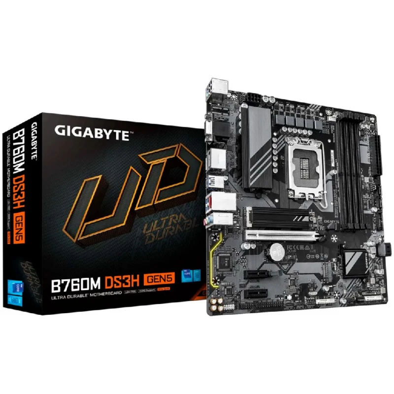 Placa de baza GIGABYTE GIGABYTE B760M DS3H GEN5, Socket 1700, Intel® B760 (14/13/12th Gen CPU), 9Phases, CPU iGPU, Dual 4xDDR5-7600, VGA, HDMI, 2xDP, 1xPCIe X16 5.0, 4xSATA3, RAID, 2xM.2 4.0, 2xPCIe X1, ALC897 HDA 7.1, 1x2.5GbE LAN, 1xUSB-C 3.2 Gen2, 5xUSB 3.2, RGB Fusion