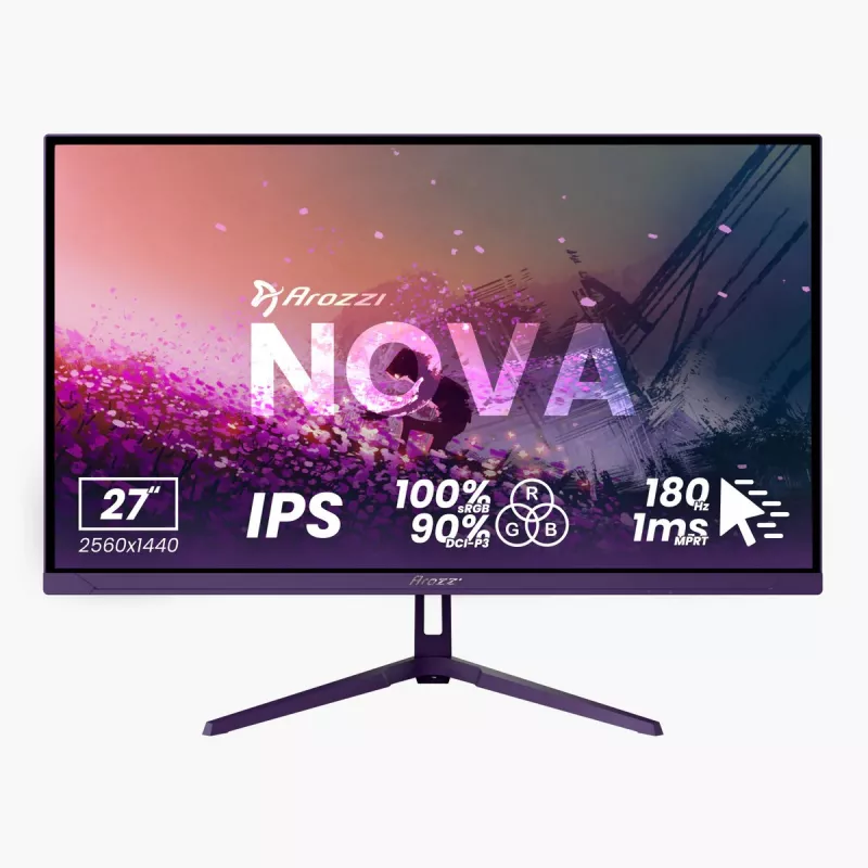 Monitor gaming AROZZI 27.0” AROZZI IPS Nova 27” Gaming Monitor, Purple, (1ms, 1000:1, 350cd, 2560x1440, 178°/178°, 2 x HDMI2.0, DisplayPort, 180Hz Refresh Rate, HDR, Speakers 2x3W, Audio Line-out, RGB Light, VESA)